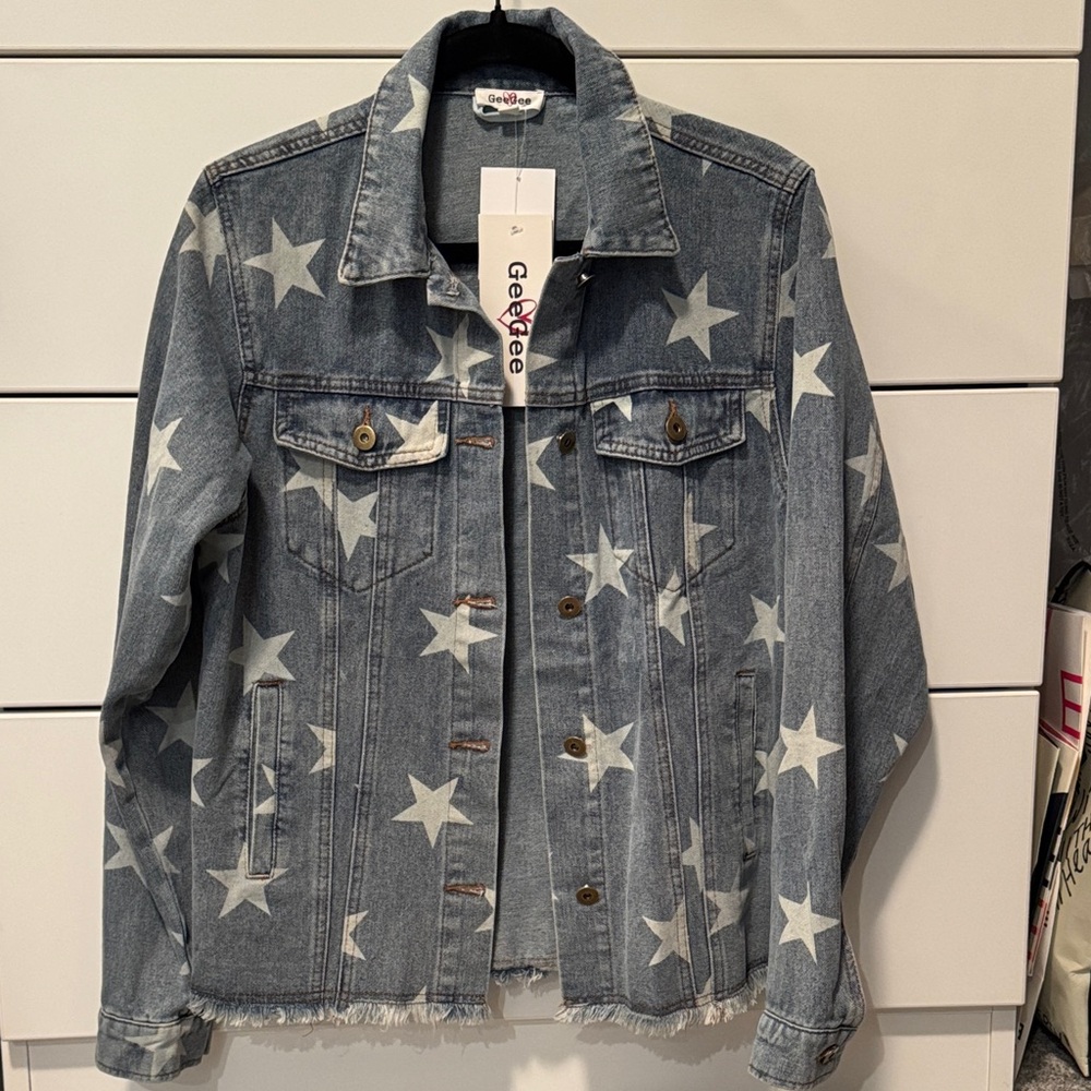 GeeGee Denim Jean Jacket with Star Pattern Size M NWT